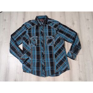 Rock & Roll Cowboy XL Plaid Blue BlackPearl Snap Shirt Blue Flip Cuff Western
